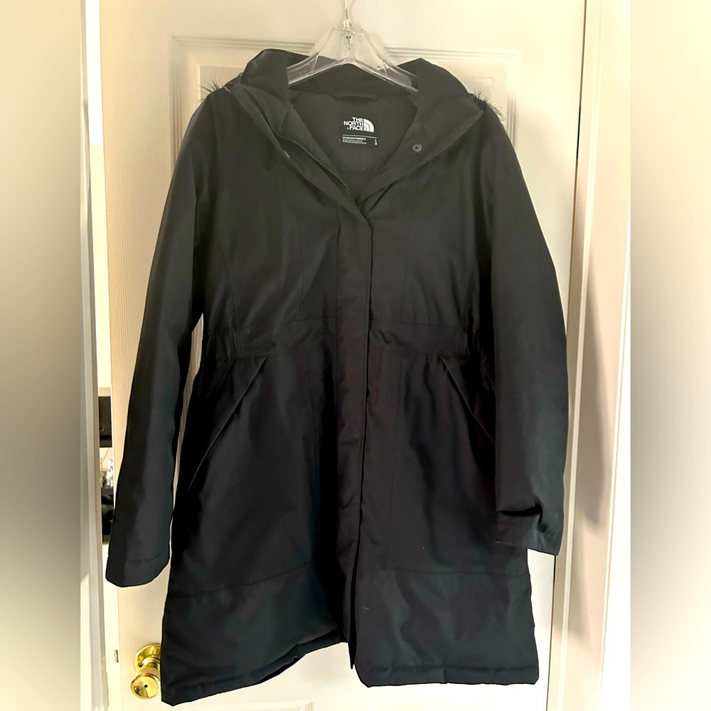 The North Face Black coat with front zipper and black fur hood size L
